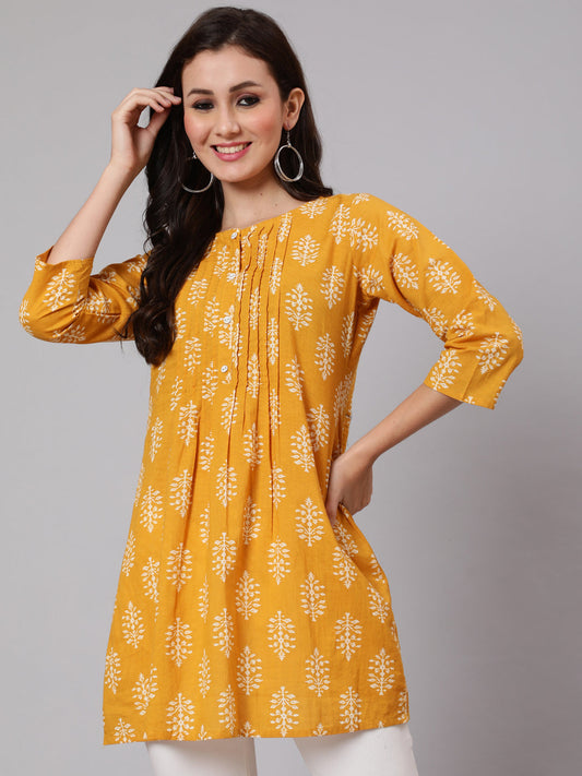 Mustard Ethnic Printed Straight Tunic With Three Quarter Sleeves