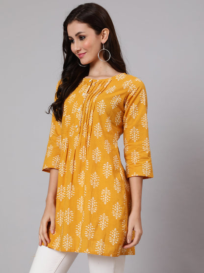 Mustard Ethnic Printed Straight Tunic With Three Quarter Sleeves