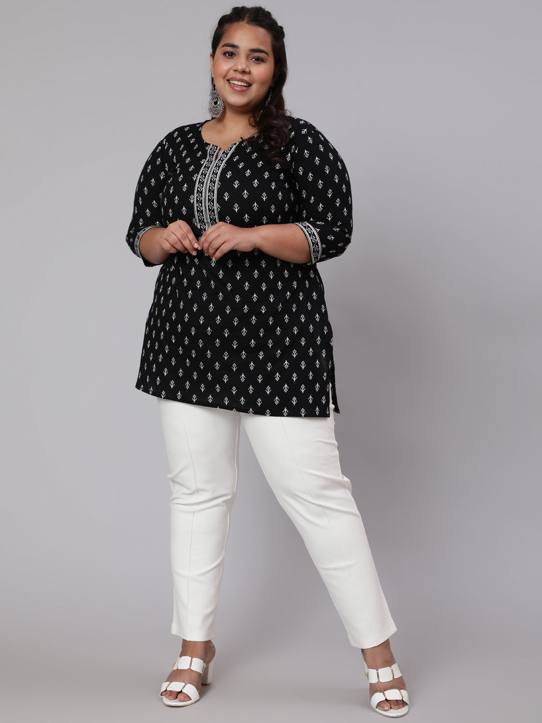 Plus Size Black Ethnic Tunic With Three Quarter Sleeves