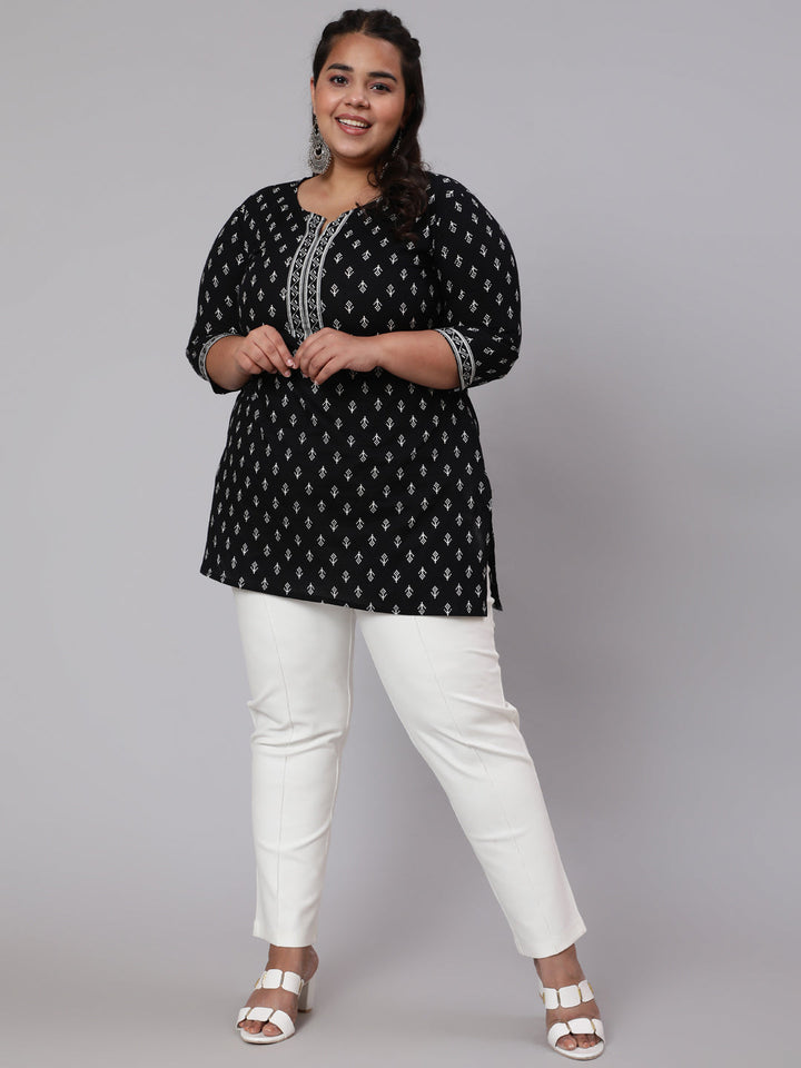 Plus Size Black Ethnic Tunic With Three Quarter Sleeves