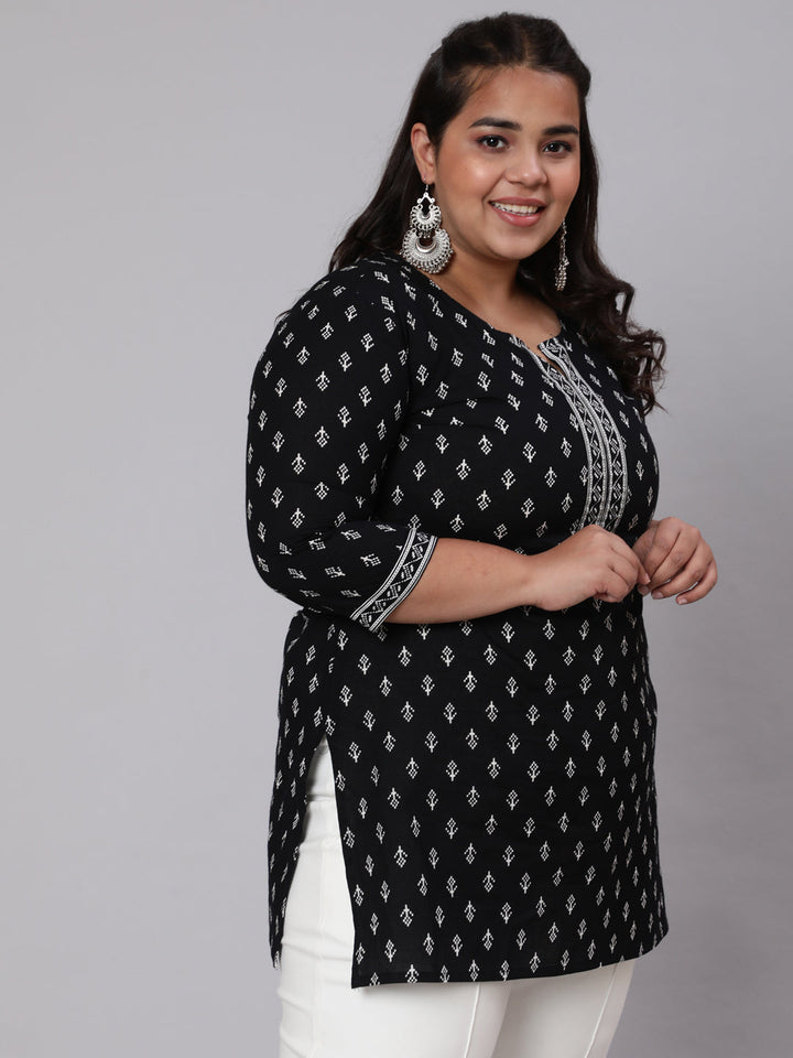 Plus Size Black Ethnic Tunic With Three Quarter Sleeves