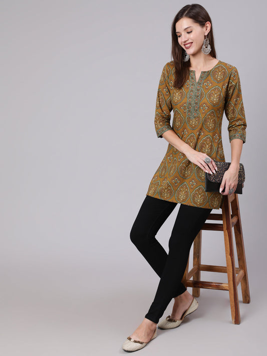Green Ethnic Printed Straight Tunic With Three Quarter Sleeves