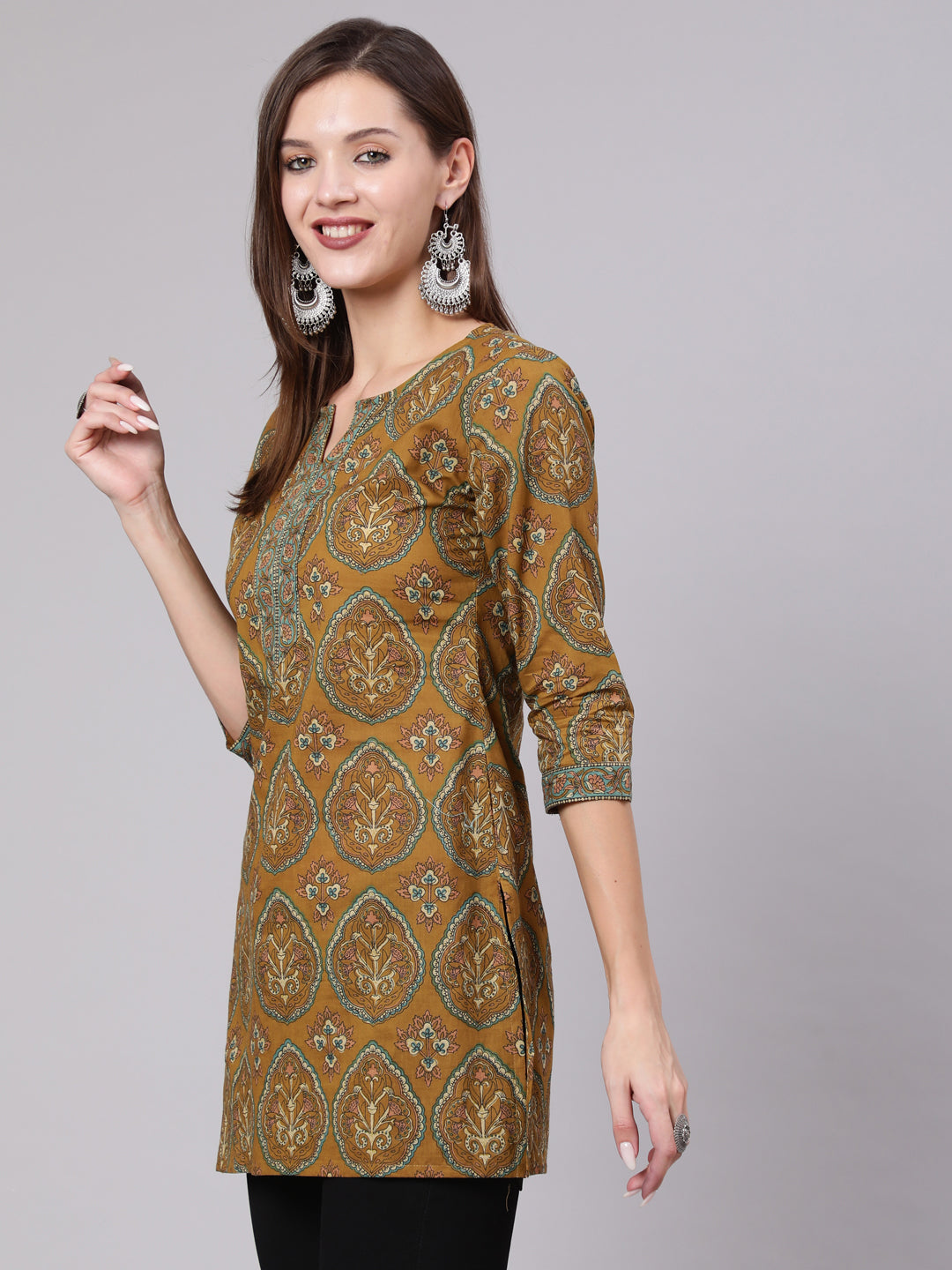 Green Ethnic Printed Straight Tunic With Three Quarter Sleeves