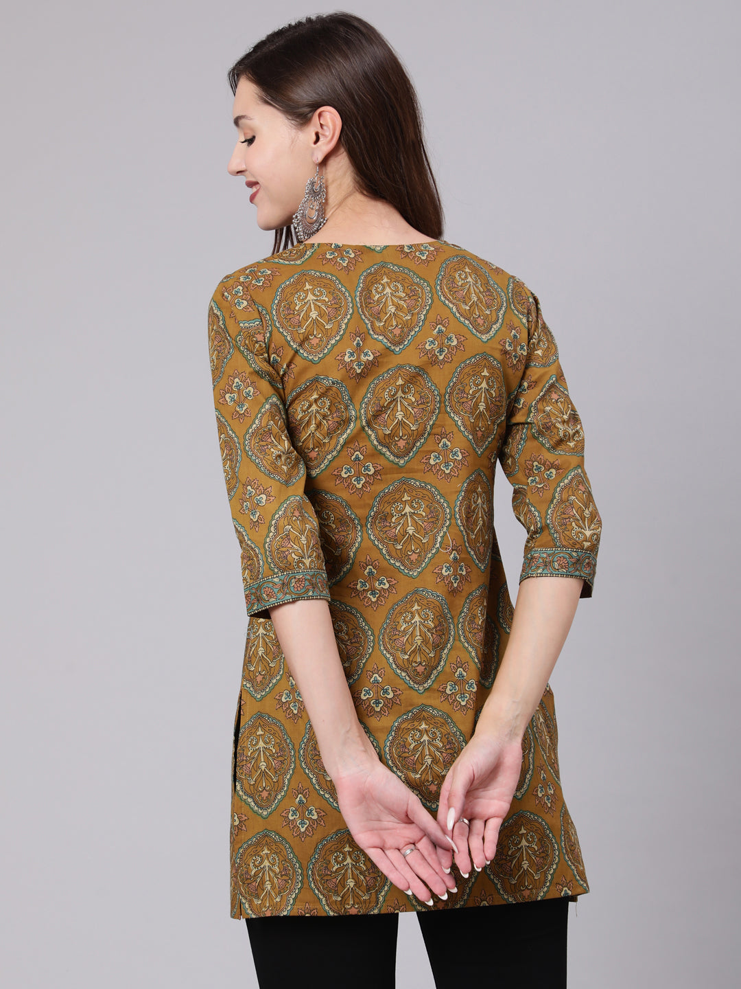 Green Ethnic Printed Straight Tunic With Three Quarter Sleeves