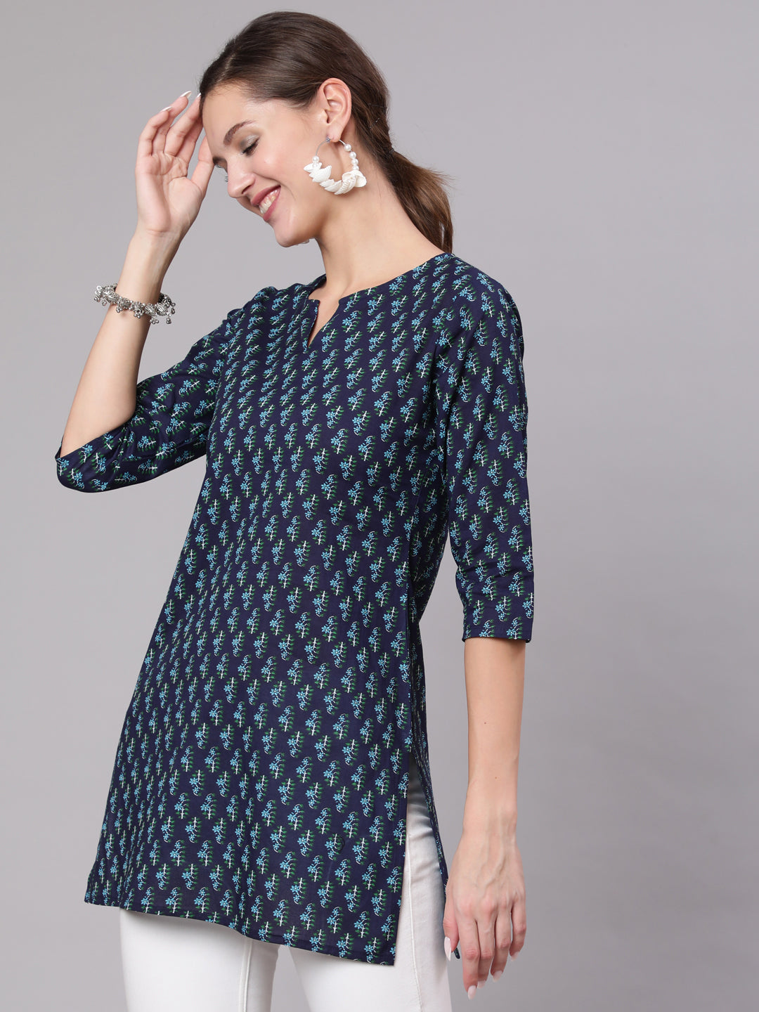 Navy Blue Ethnic Printed Straight Tunic
