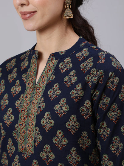 Navy Blue Ethnic Printed Straight Tunic