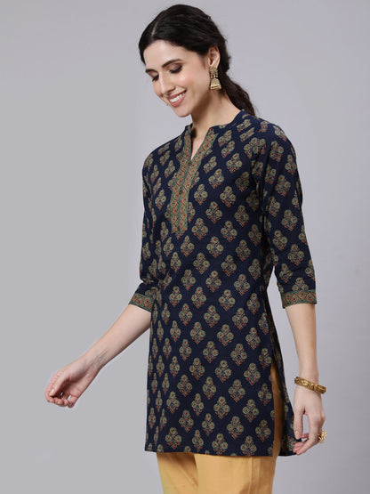 Navy Blue Ethnic Printed Straight Tunic