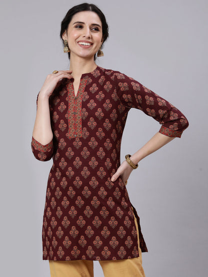 Burgundy Printed Straight Tunic With Three Quarter Sleeves