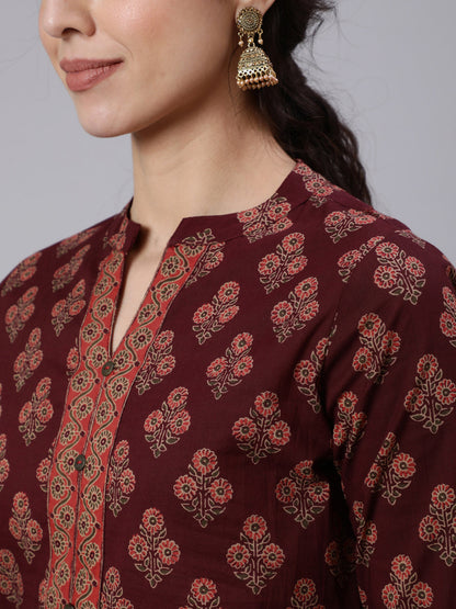 Burgundy Printed Straight Tunic With Three Quarter Sleeves