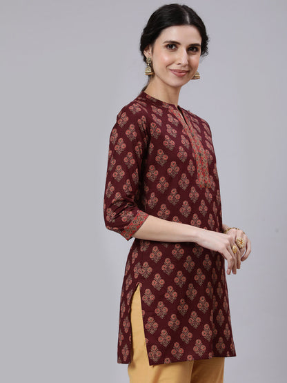 Burgundy Printed Straight Tunic With Three Quarter Sleeves