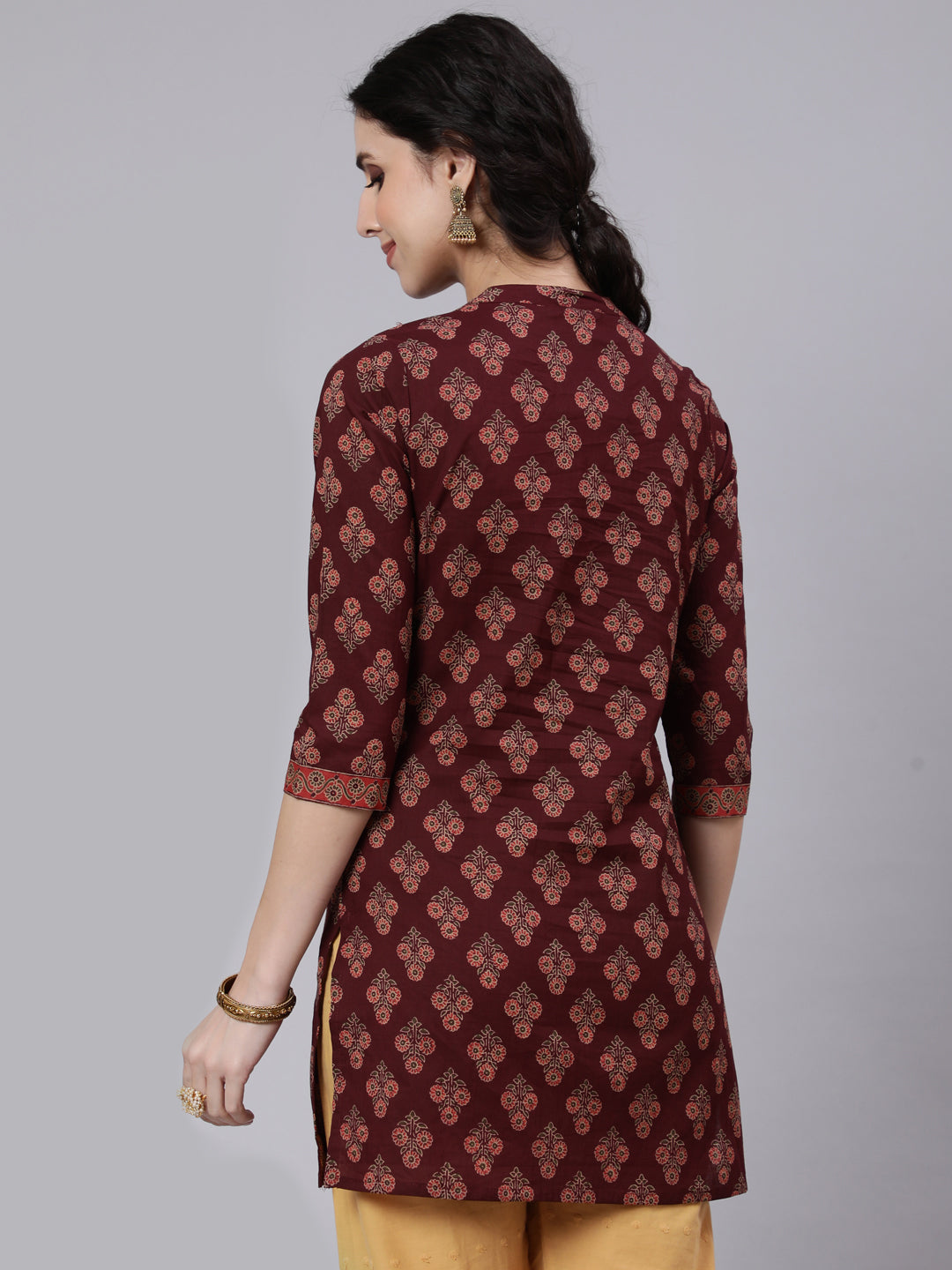 Burgundy Printed Straight Tunic With Three Quarter Sleeves