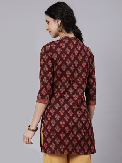 Burgundy Printed Straight Tunic With Three Quarter Sleeves