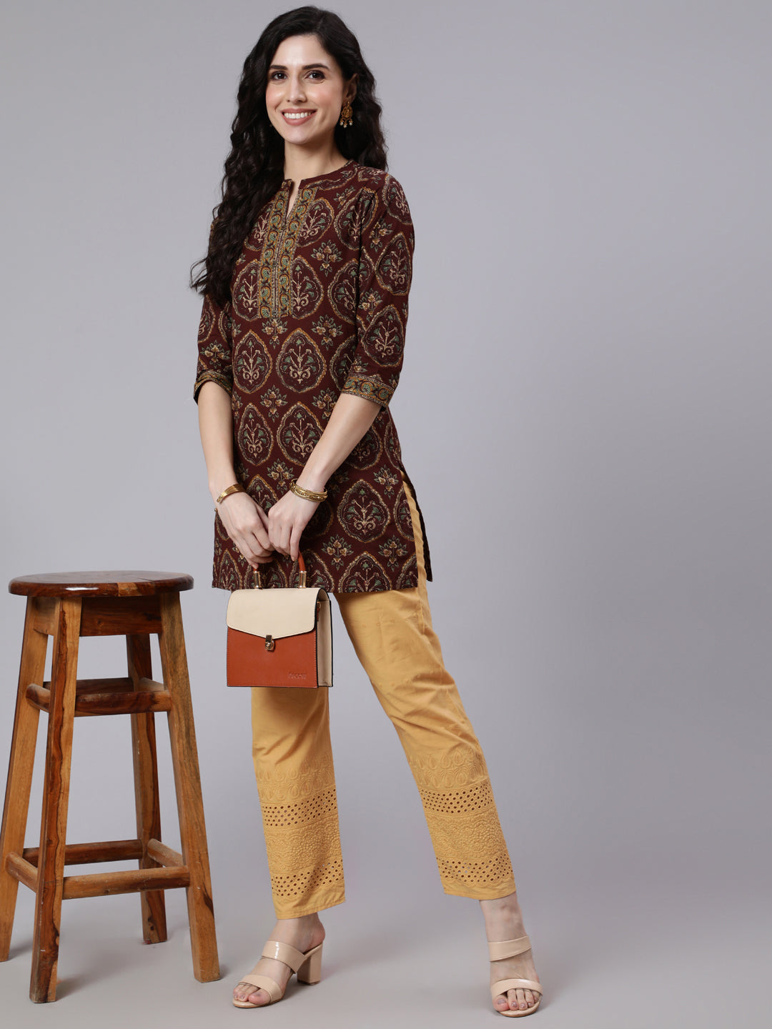 Brown Ethnic Printed Straight Tunic With Three Quarter Sleeves