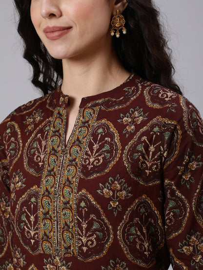 Brown Ethnic Printed Straight Tunic With Three Quarter Sleeves