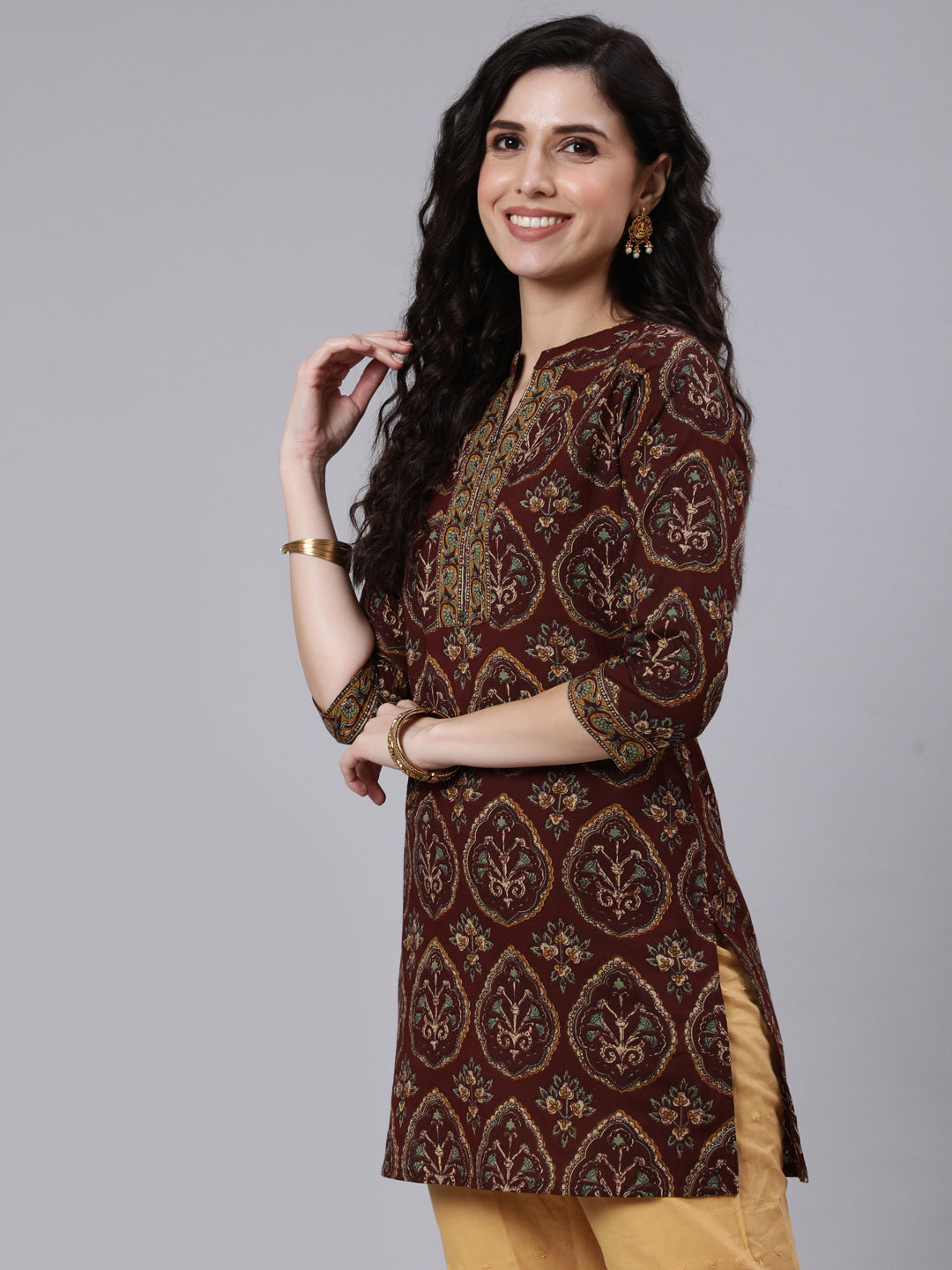 Brown Ethnic Printed Straight Tunic With Three Quarter Sleeves