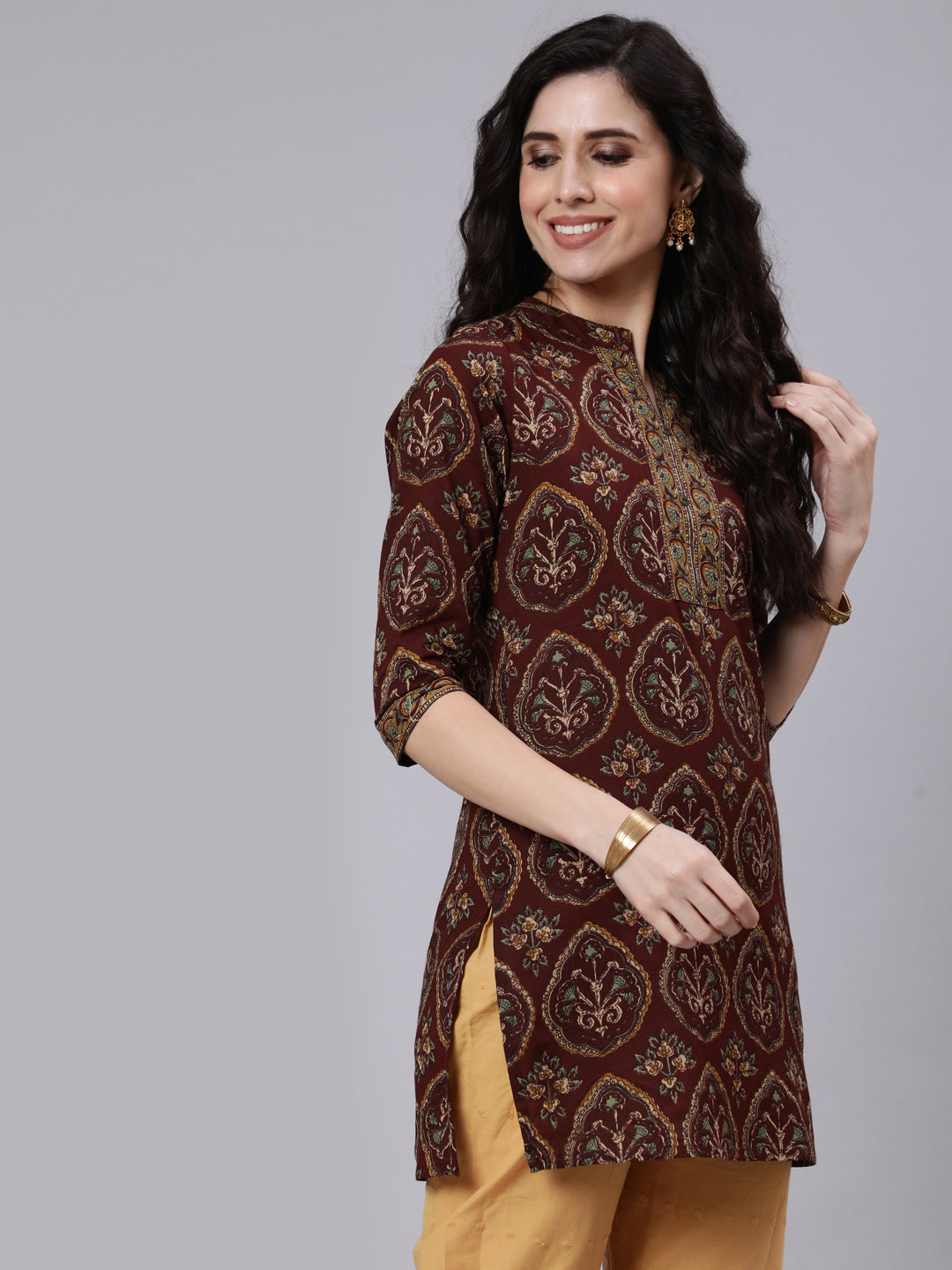 Brown Ethnic Printed Straight Tunic With Three Quarter Sleeves