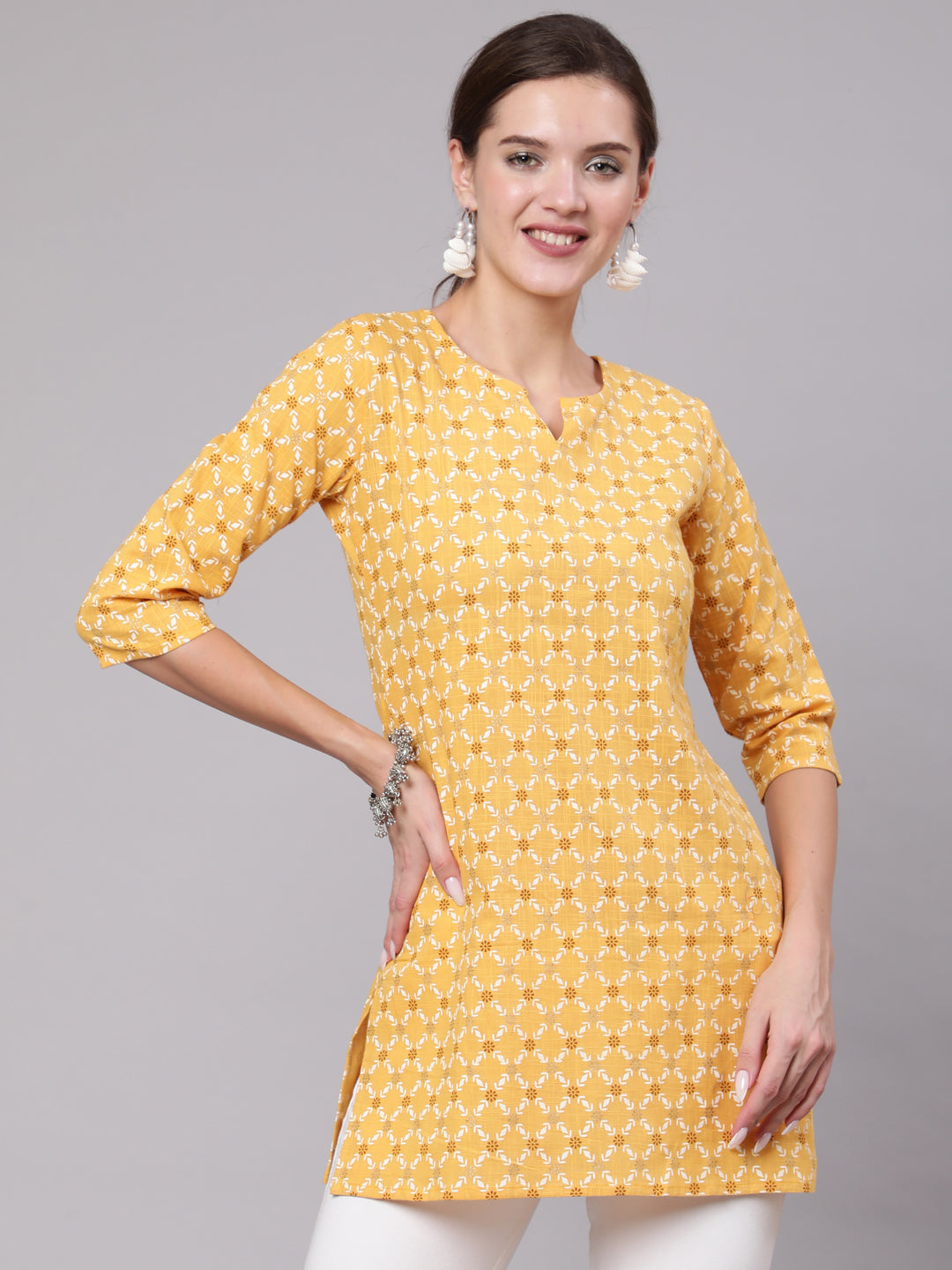 Yellow Printed Straight Tunic With Three Quarter Sleeves