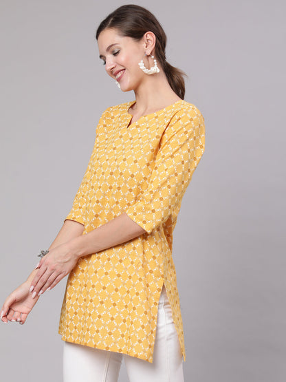 Yellow Printed Straight Tunic With Three Quarter Sleeves