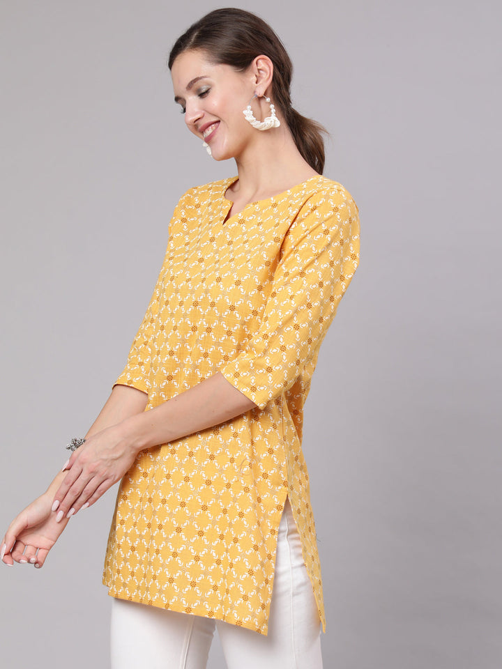 Yellow Printed Straight Tunic With Three Quarter Sleeves