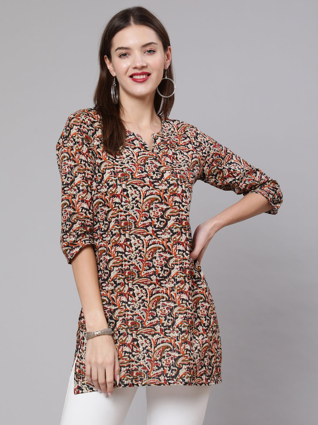 Multi Ethnic Printed Straight Tunic With Three Quarter Sleeves