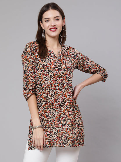 Multi Ethnic Printed Straight Tunic With Three Quarter Sleeves