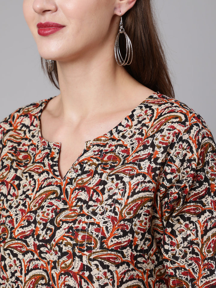 Multi Ethnic Printed Straight Tunic With Three Quarter Sleeves