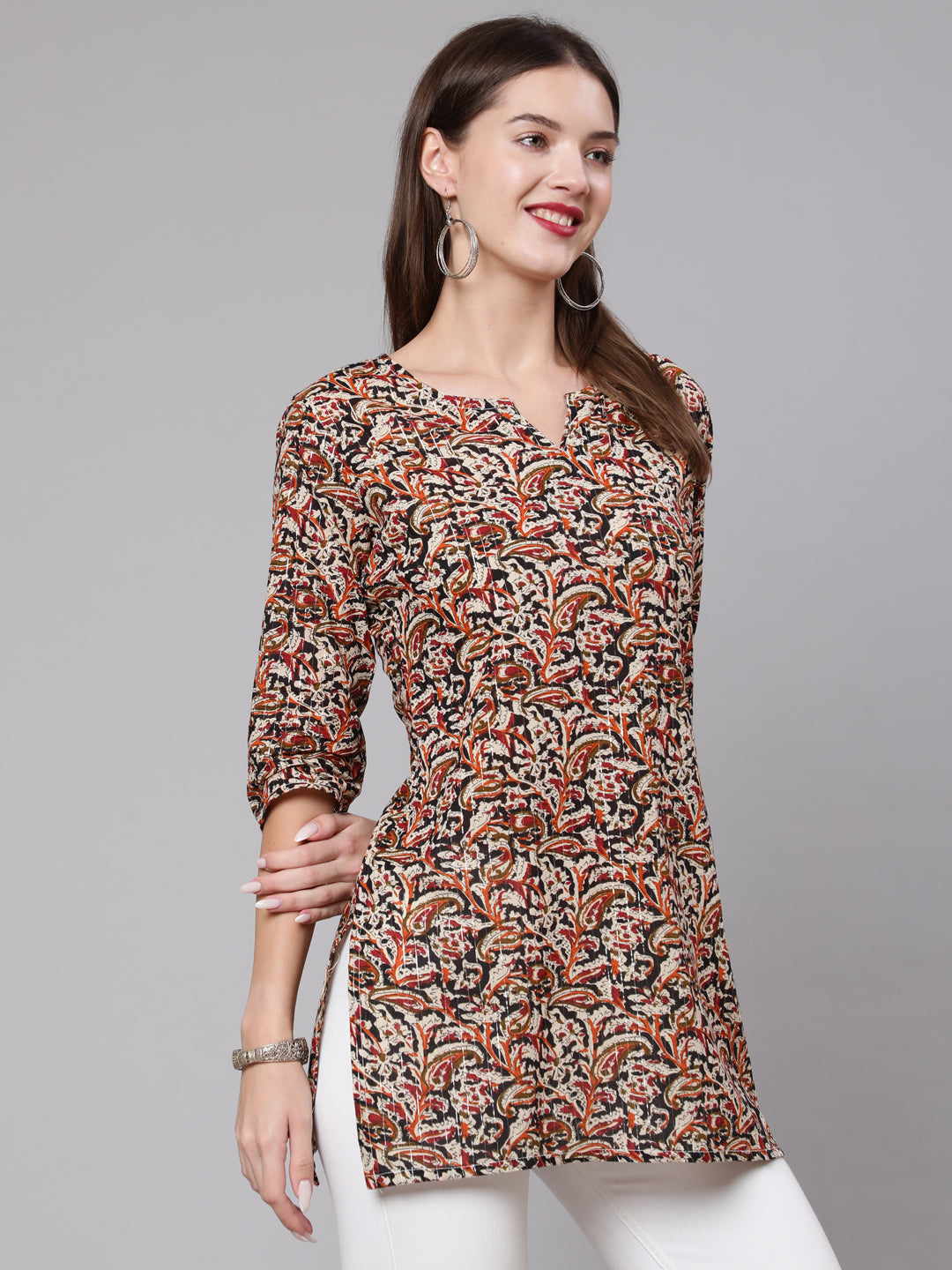 Multi Ethnic Printed Straight Tunic With Three Quarter Sleeves