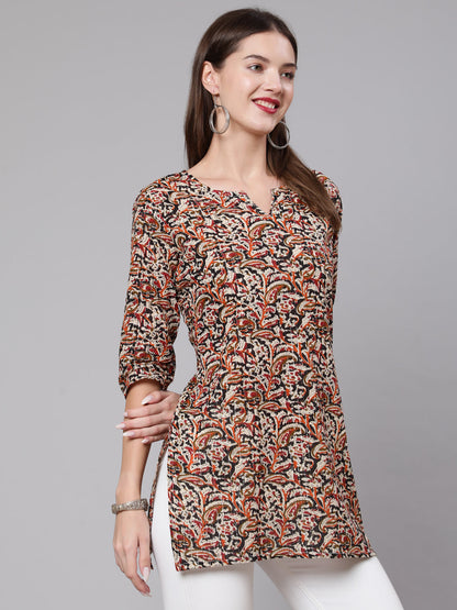 Multi Ethnic Printed Straight Tunic With Three Quarter Sleeves