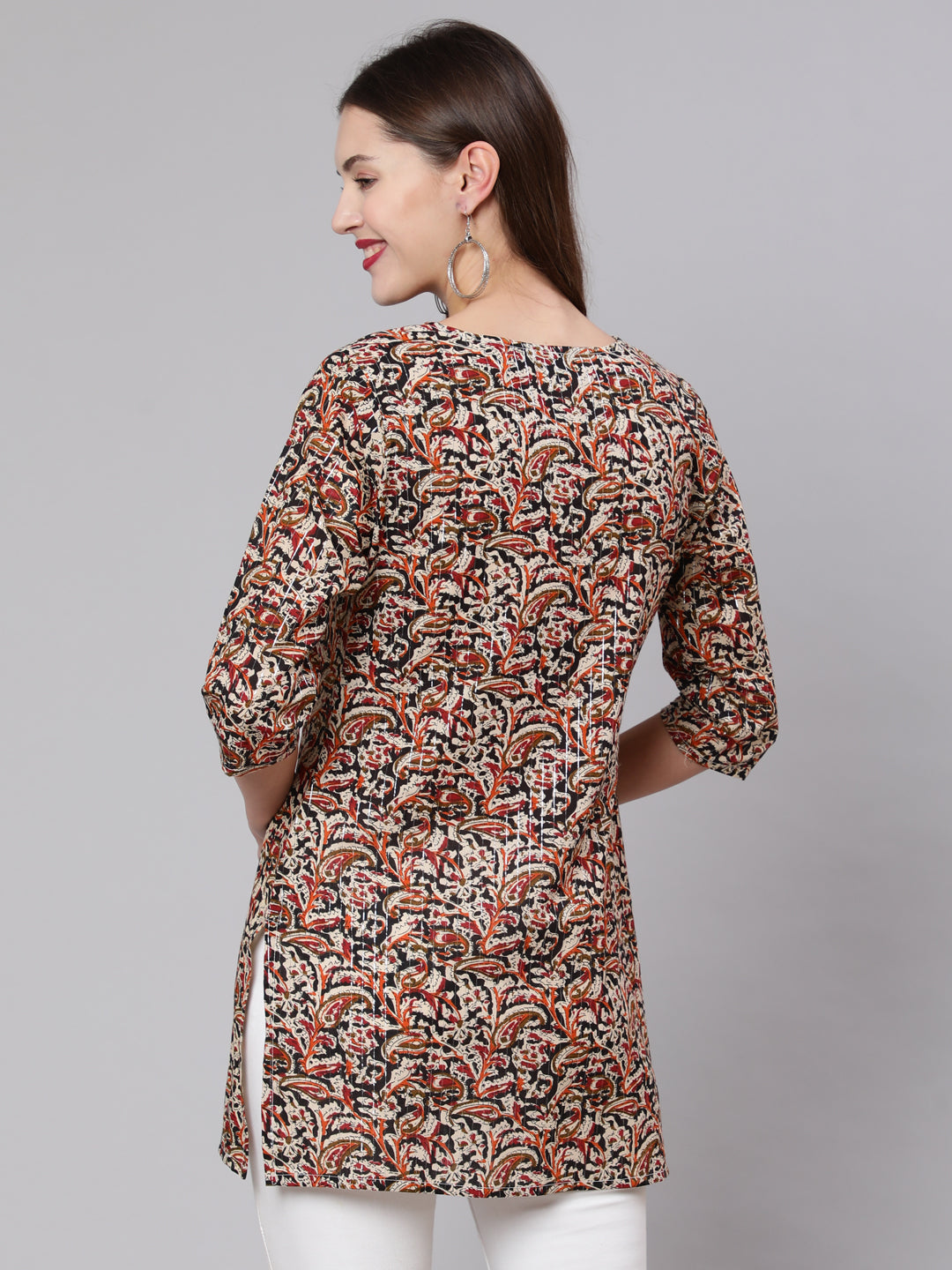 Multi Ethnic Printed Straight Tunic With Three Quarter Sleeves