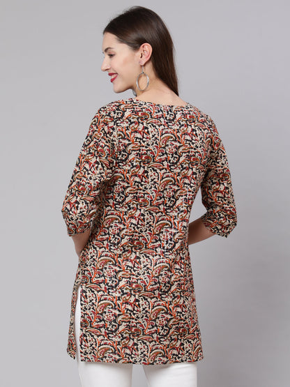 Multi Ethnic Printed Straight Tunic With Three Quarter Sleeves