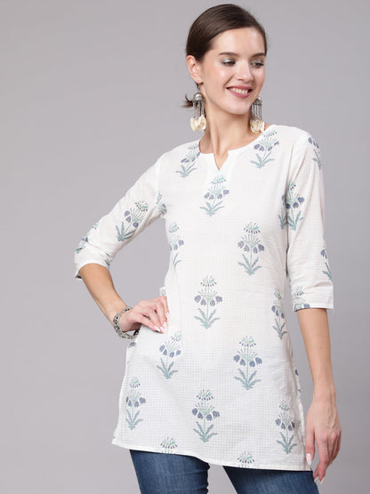 Off-White Printed Straight Tunic With Three Quarter Sleeves