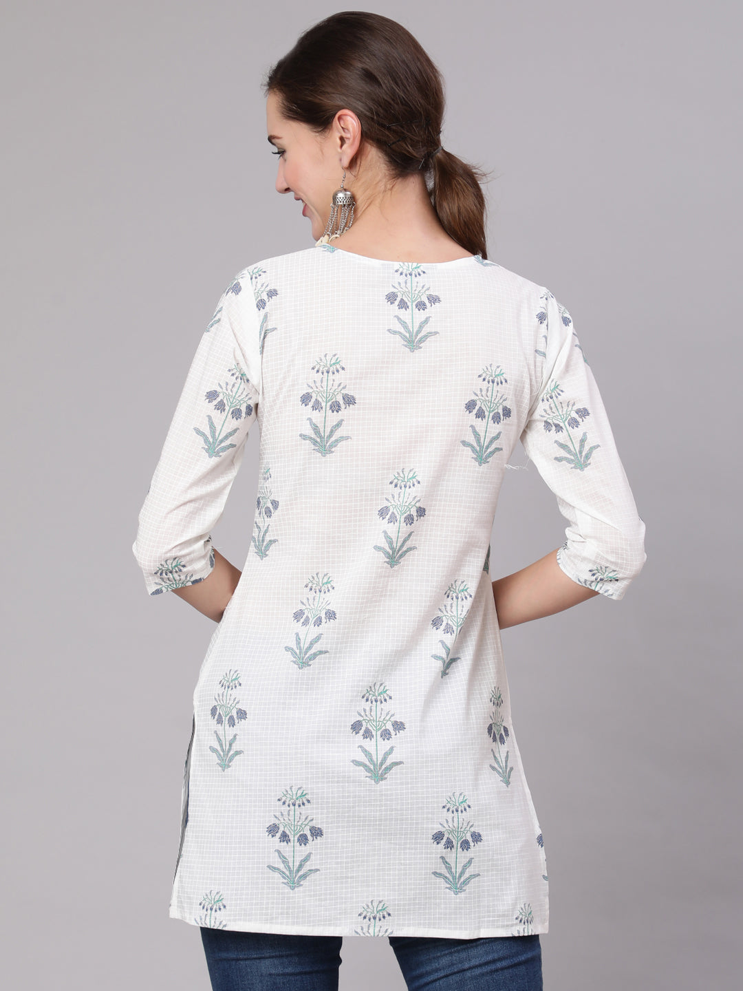 Off-White Printed Straight Tunic With Three Quarter Sleeves