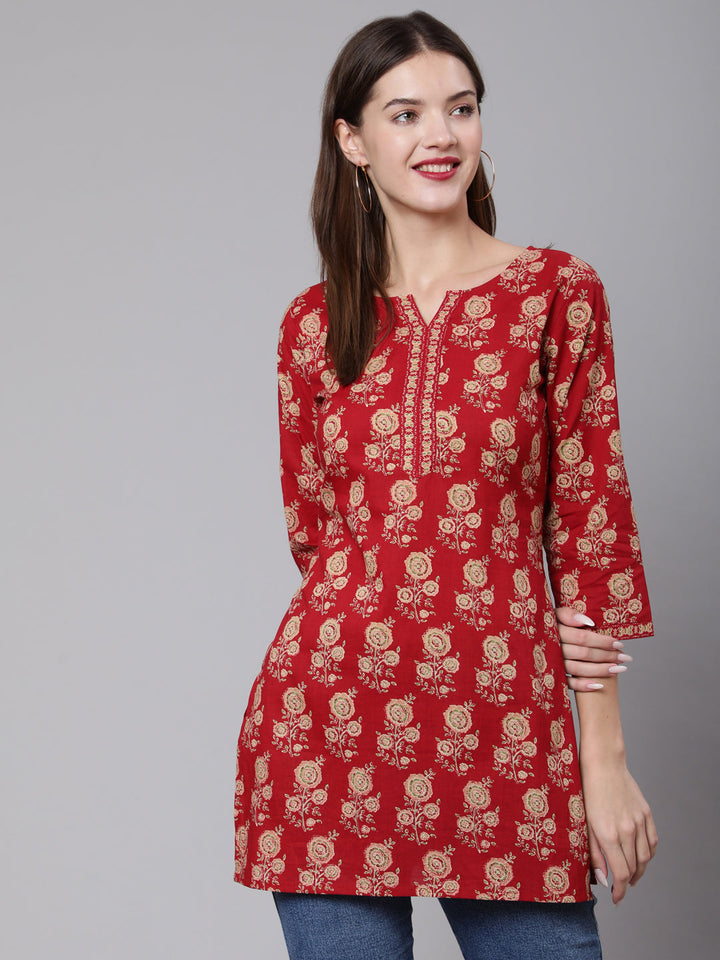 Red Ethnic Printed Straight Tunic With Three Quarter Sleeves