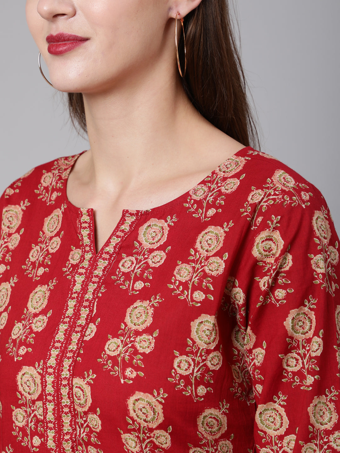 Red Ethnic Printed Straight Tunic With Three Quarter Sleeves