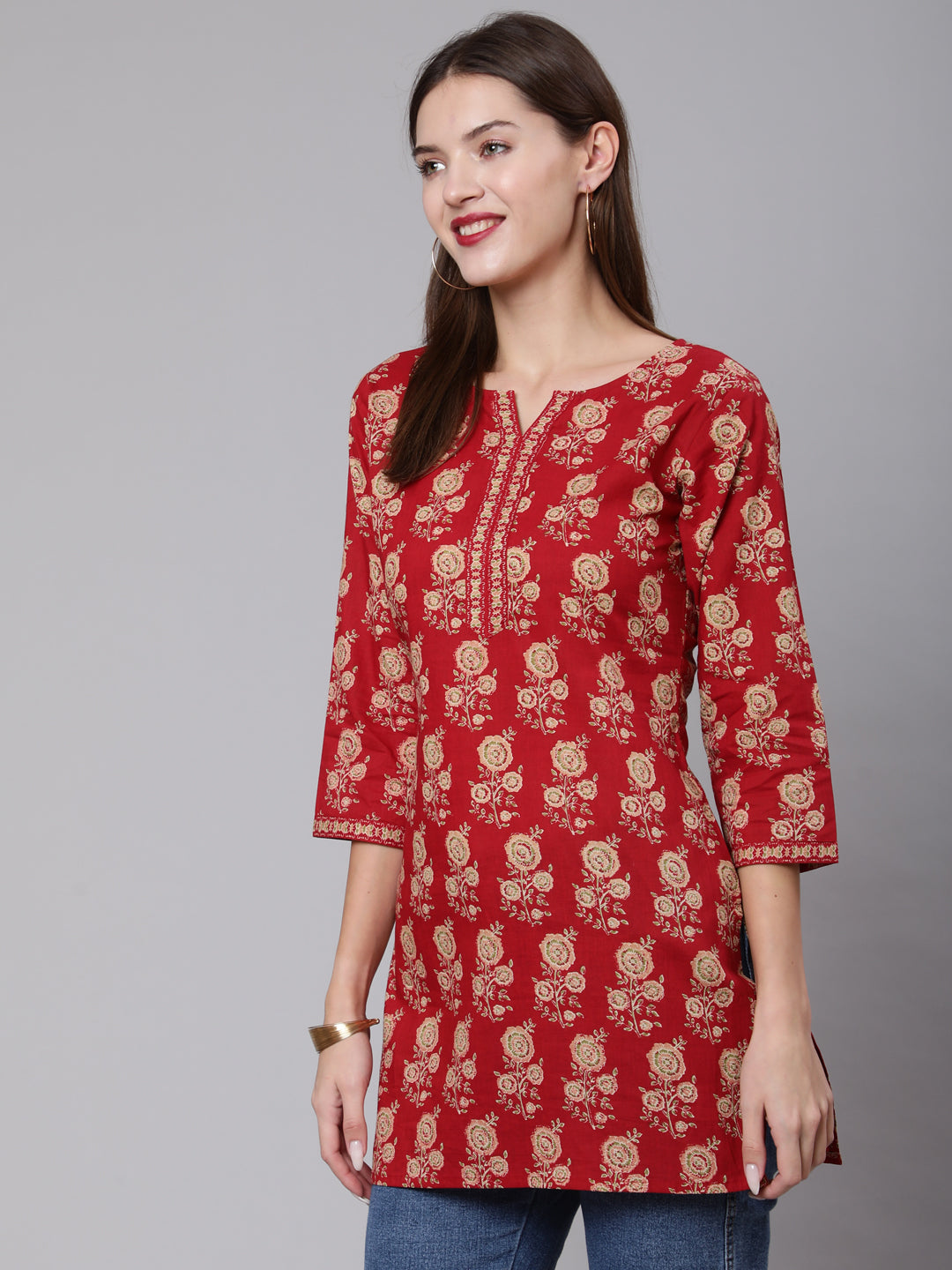 Red Ethnic Printed Straight Tunic With Three Quarter Sleeves