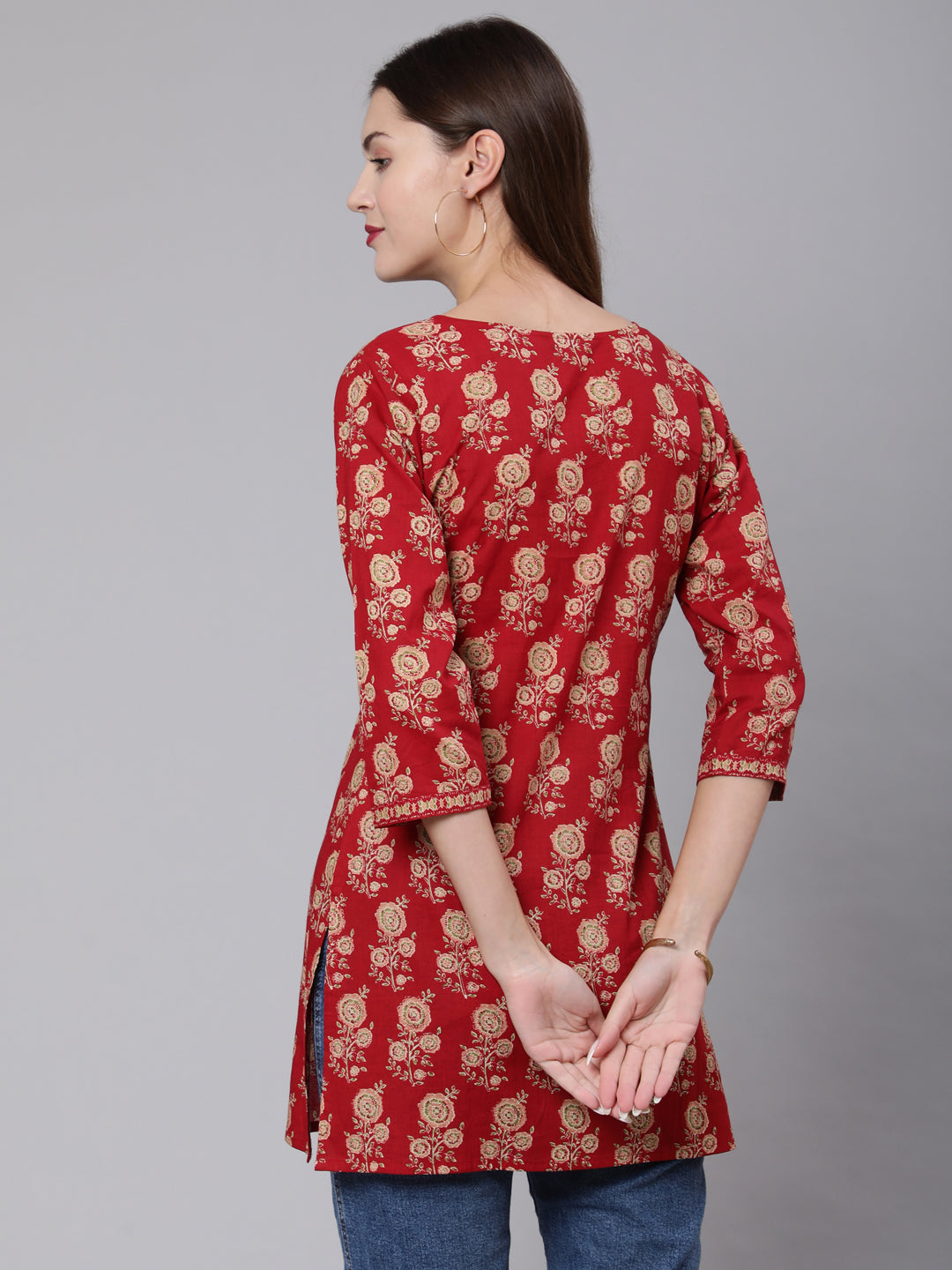 Red Ethnic Printed Straight Tunic With Three Quarter Sleeves