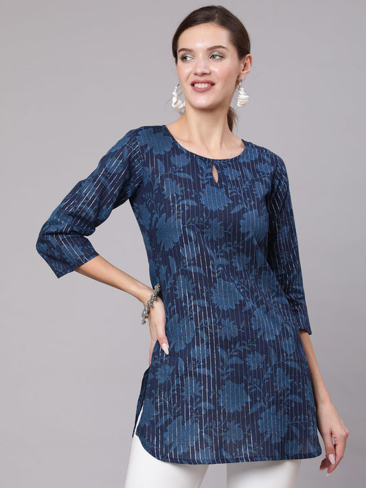 Navy Blue Floral Printed Straight Tunic