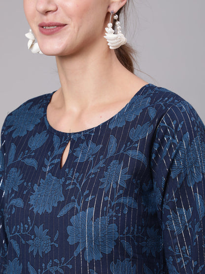 Navy Blue Floral Printed Straight Tunic
