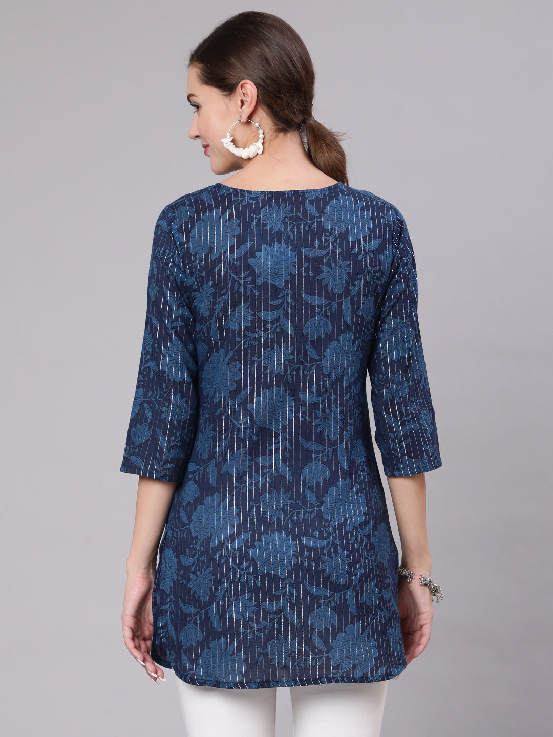 Navy Blue Floral Printed Straight Tunic