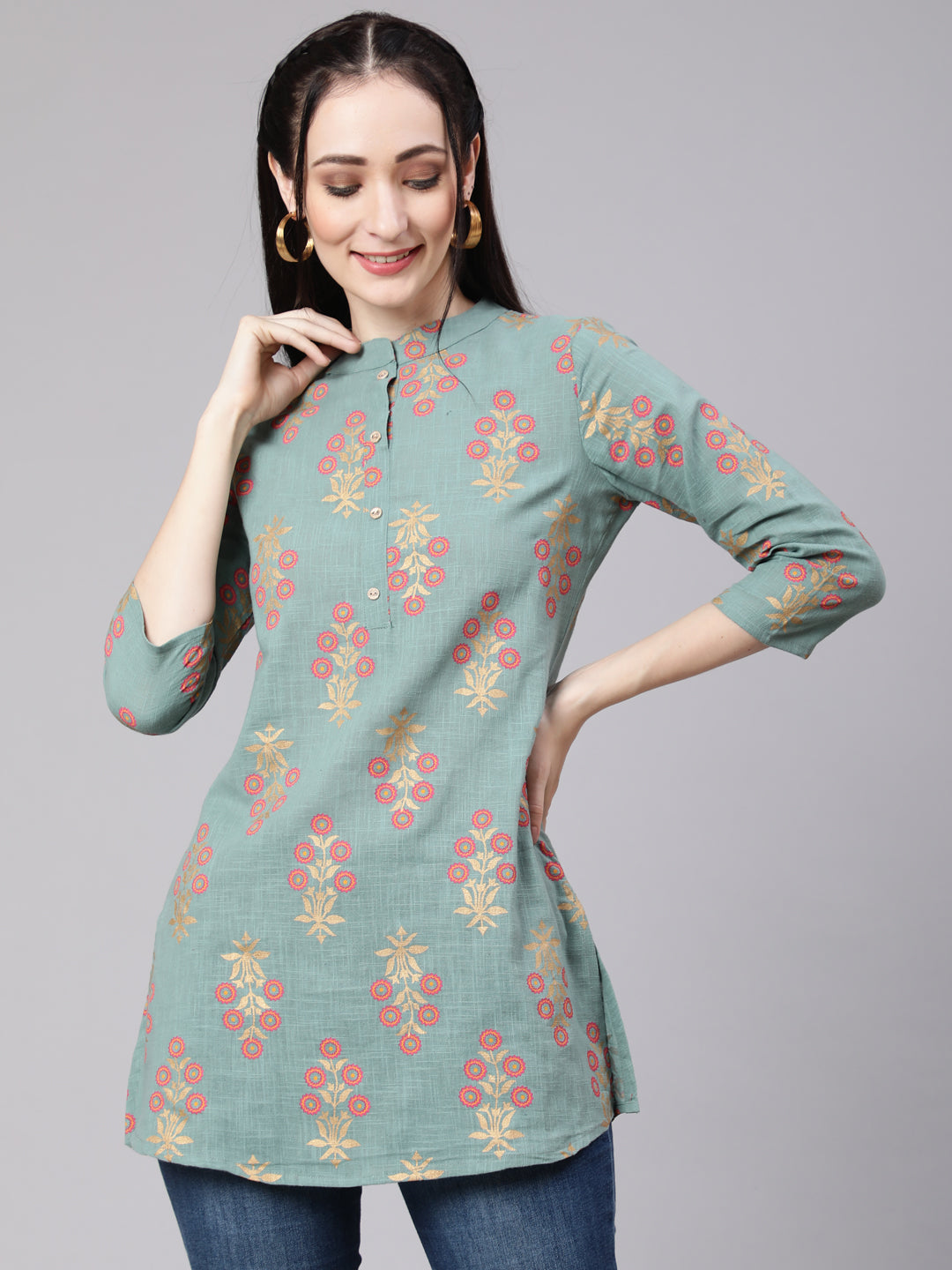 Green Ethnic Printed Straight Tunic With Three Quarter Sleeves