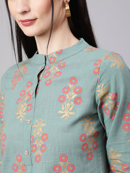 Green Ethnic Printed Straight Tunic With Three Quarter Sleeves