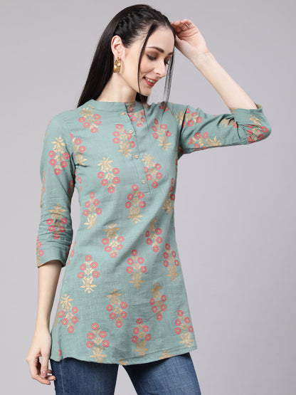 Green Ethnic Printed Straight Tunic With Three Quarter Sleeves