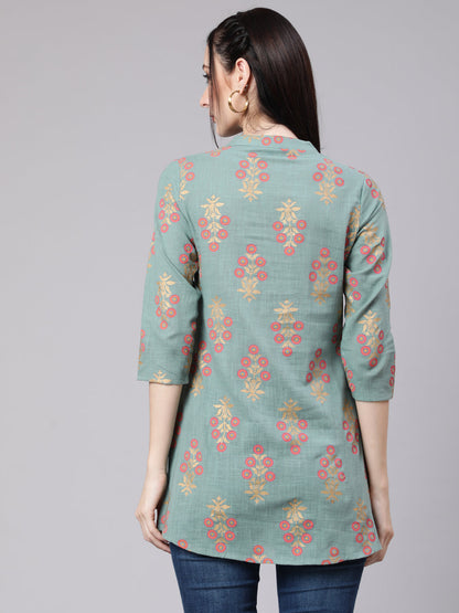 Green Ethnic Printed Straight Tunic With Three Quarter Sleeves