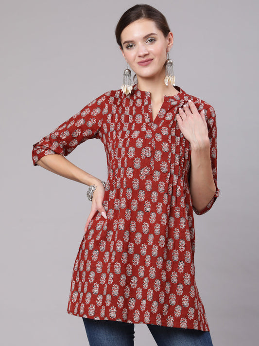 Maroon Ethnic Printed Straight Tunic With Three Quarter Sleeves