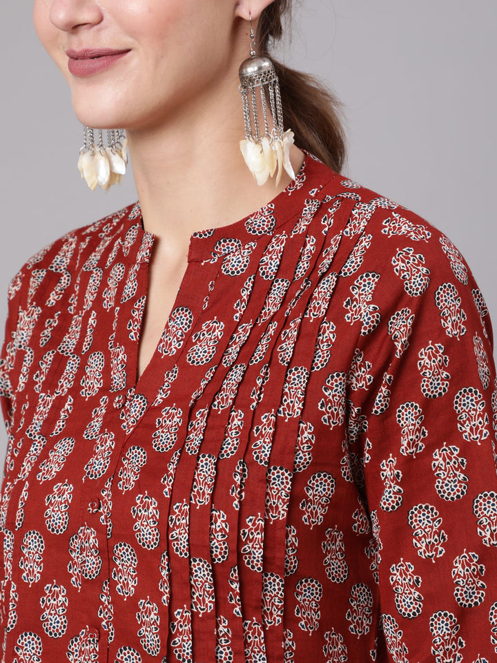 Maroon Ethnic Printed Straight Tunic With Three Quarter Sleeves