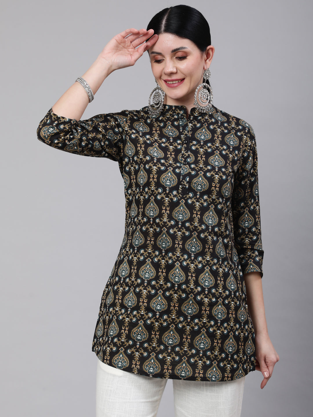 Black Ethnic Printed Straight Tunic With Three Quarter Sleeves