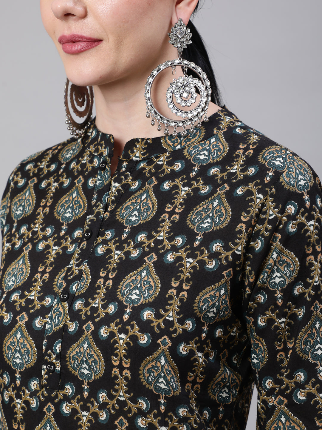 Black Ethnic Printed Straight Tunic With Three Quarter Sleeves