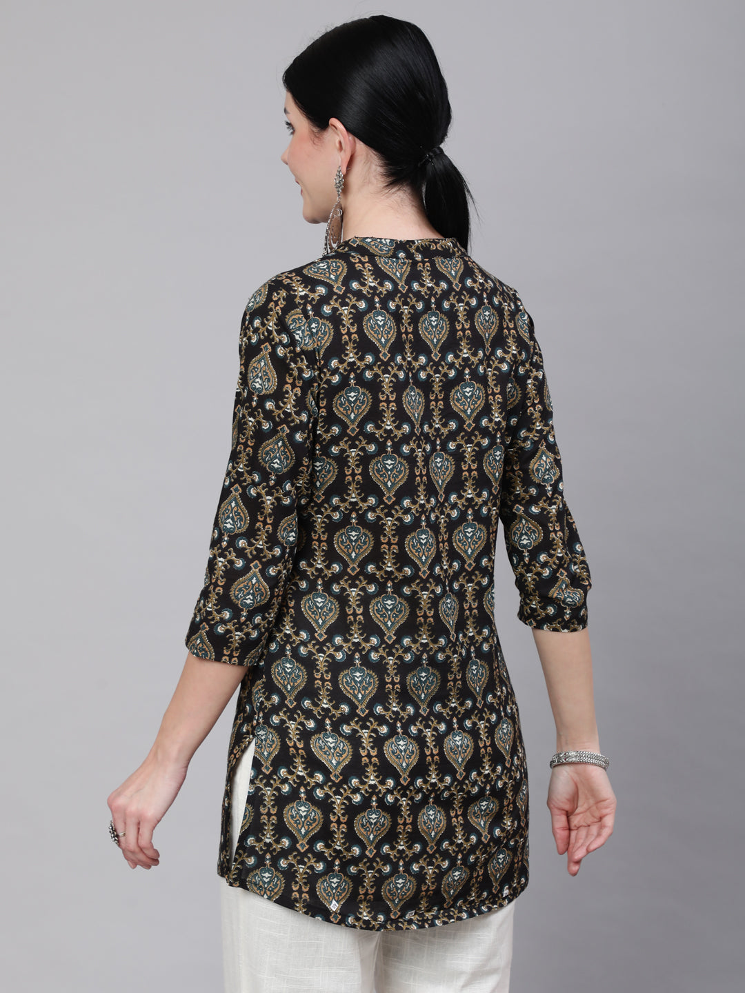 Black Ethnic Printed Straight Tunic With Three Quarter Sleeves