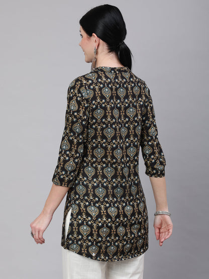 Black Ethnic Printed Straight Tunic With Three Quarter Sleeves