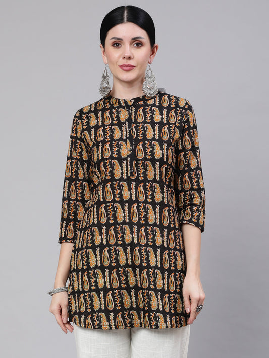 Black Paisley Printed Straight Tunic With Three Quarter Sleeves